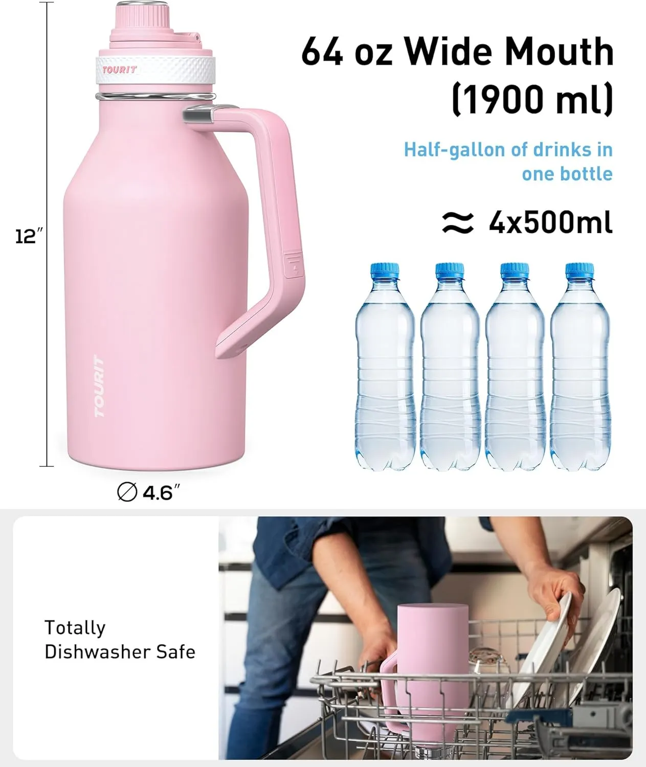 TOURIT 64oz Insulated Water Bottle Stainless Steel, Half Gallon Large Water Jug with 2-in-1 Handle, Double Wall Vacuum Metal Keep Cold & Hot, Wide Mouth Sport Water Flask For Gym, Travel, Black