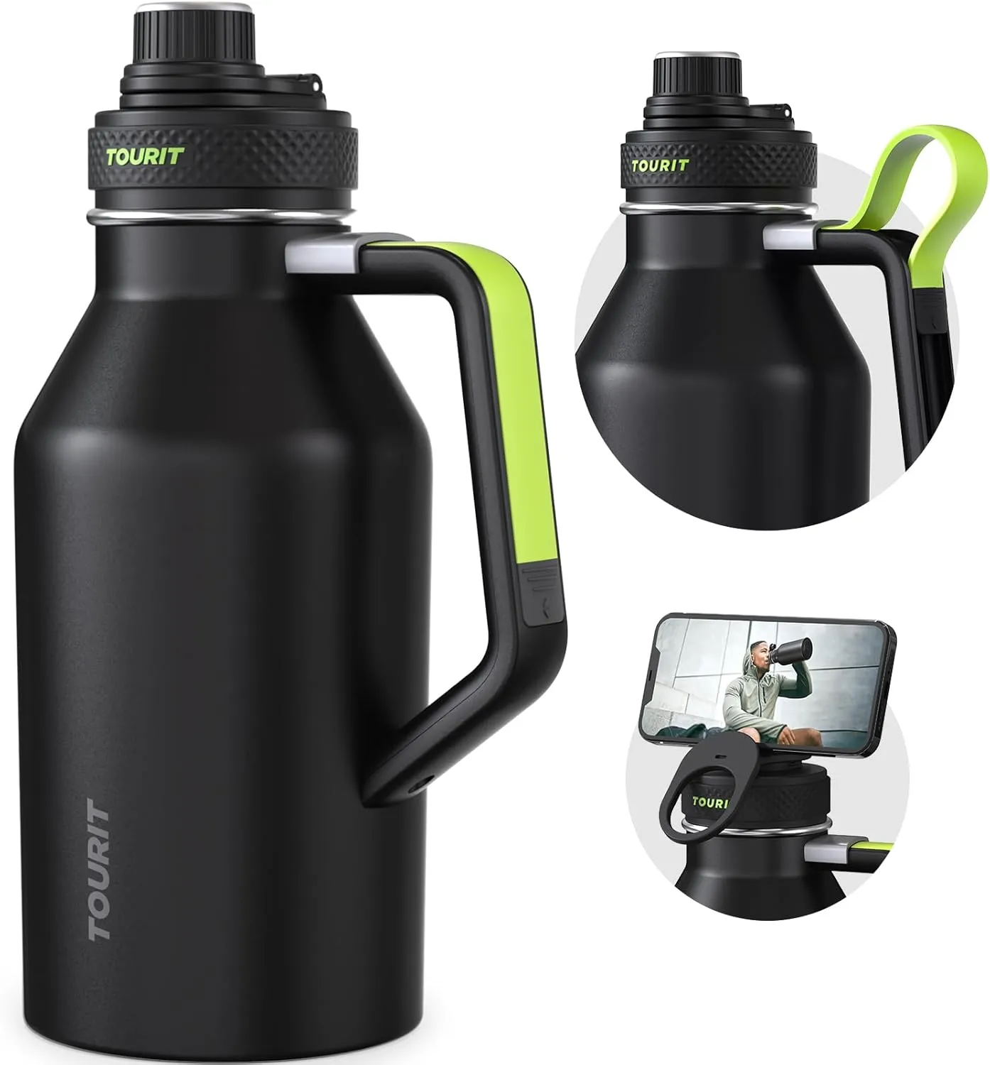 TOURIT 64oz Insulated Water Bottle Stainless Steel, Half Gallon Large Water Jug with 2-in-1 Handle, Double Wall Vacuum Metal Keep Cold & Hot, Wide Mouth Sport Water Flask For Gym, Travel, Black