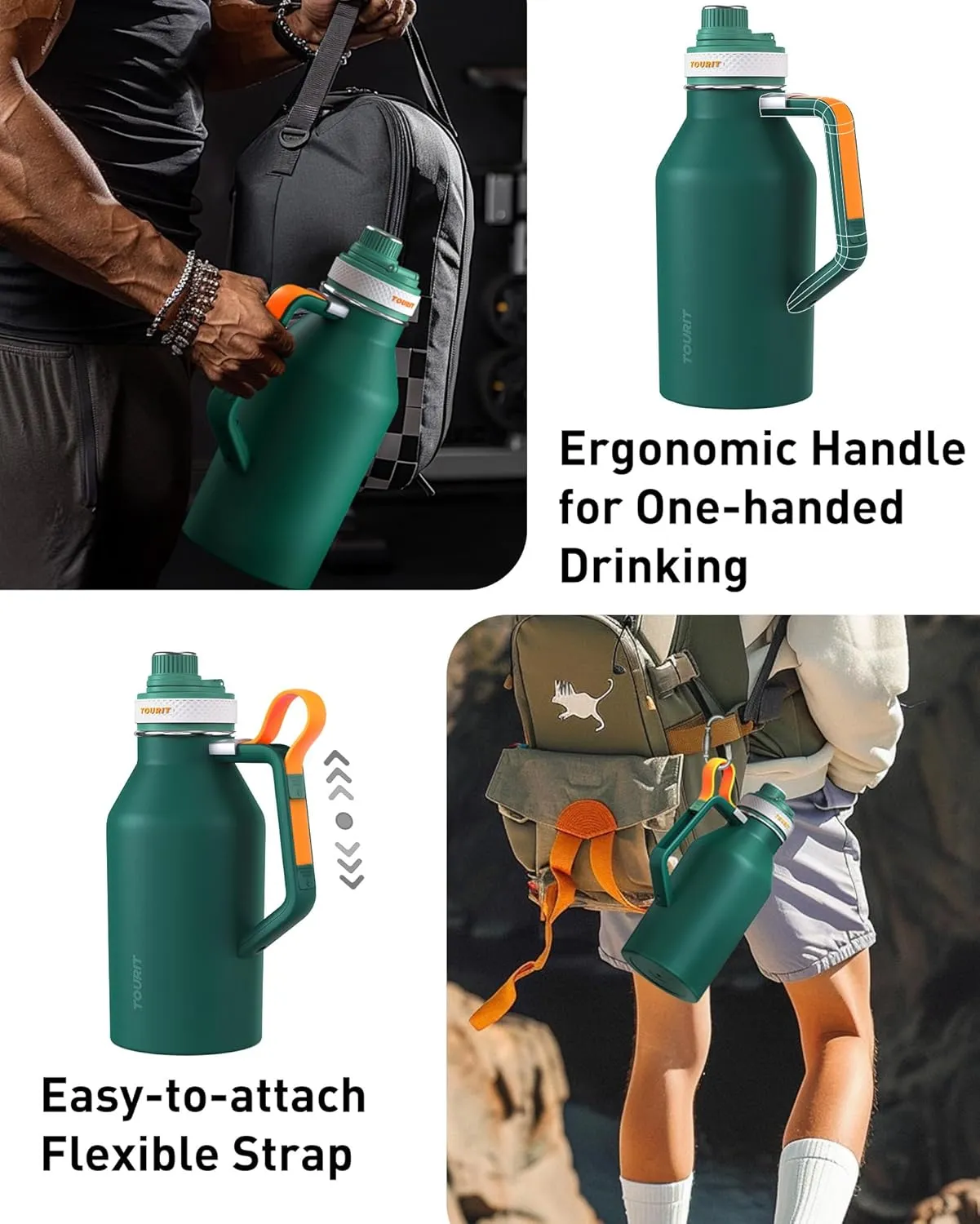 TOURIT 64oz Insulated Water Bottle Stainless Steel, Half Gallon Large Water Jug with 2-in-1 Handle, Double Wall Vacuum Metal Keep Cold & Hot, Wide Mouth Sport Water Flask For Gym, Travel, Black