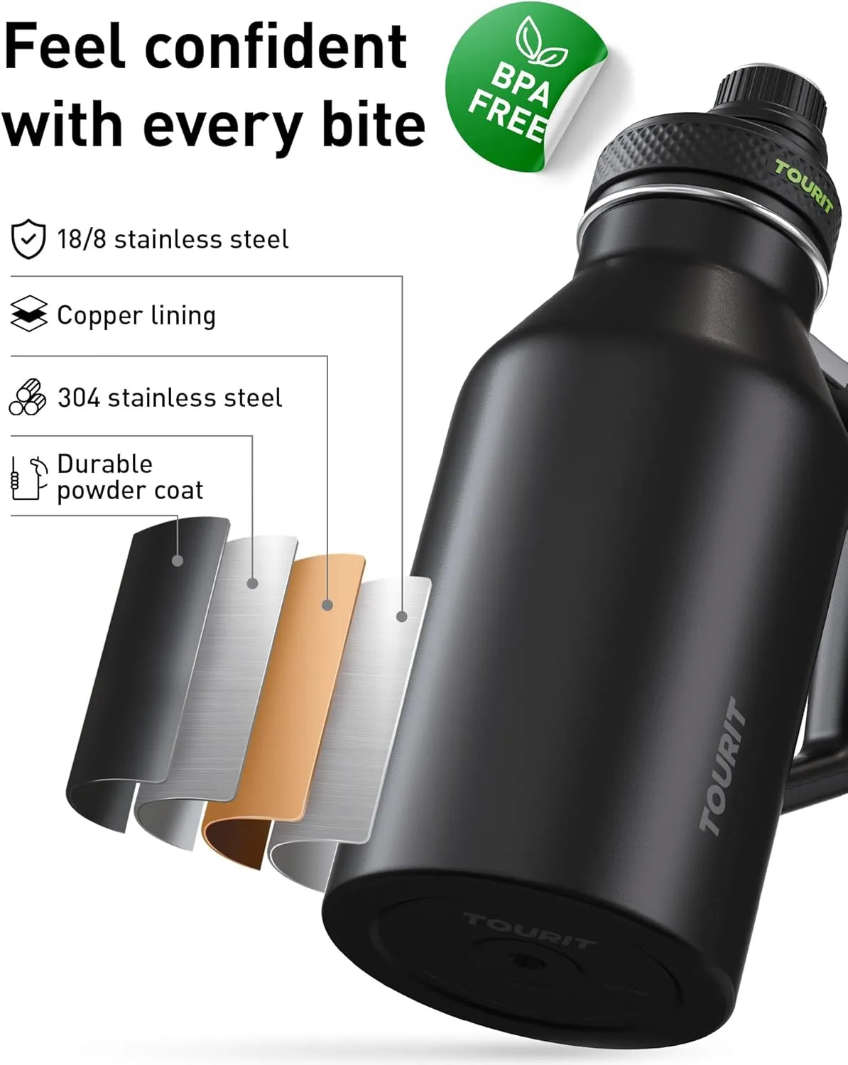 TOURIT 64oz Insulated Water Bottle Stainless Steel, Half Gallon Large Water Jug with 2-in-1 Handle, Double Wall Vacuum Metal Keep Cold & Hot, Wide Mouth Sport Water Flask For Gym, Travel, Black