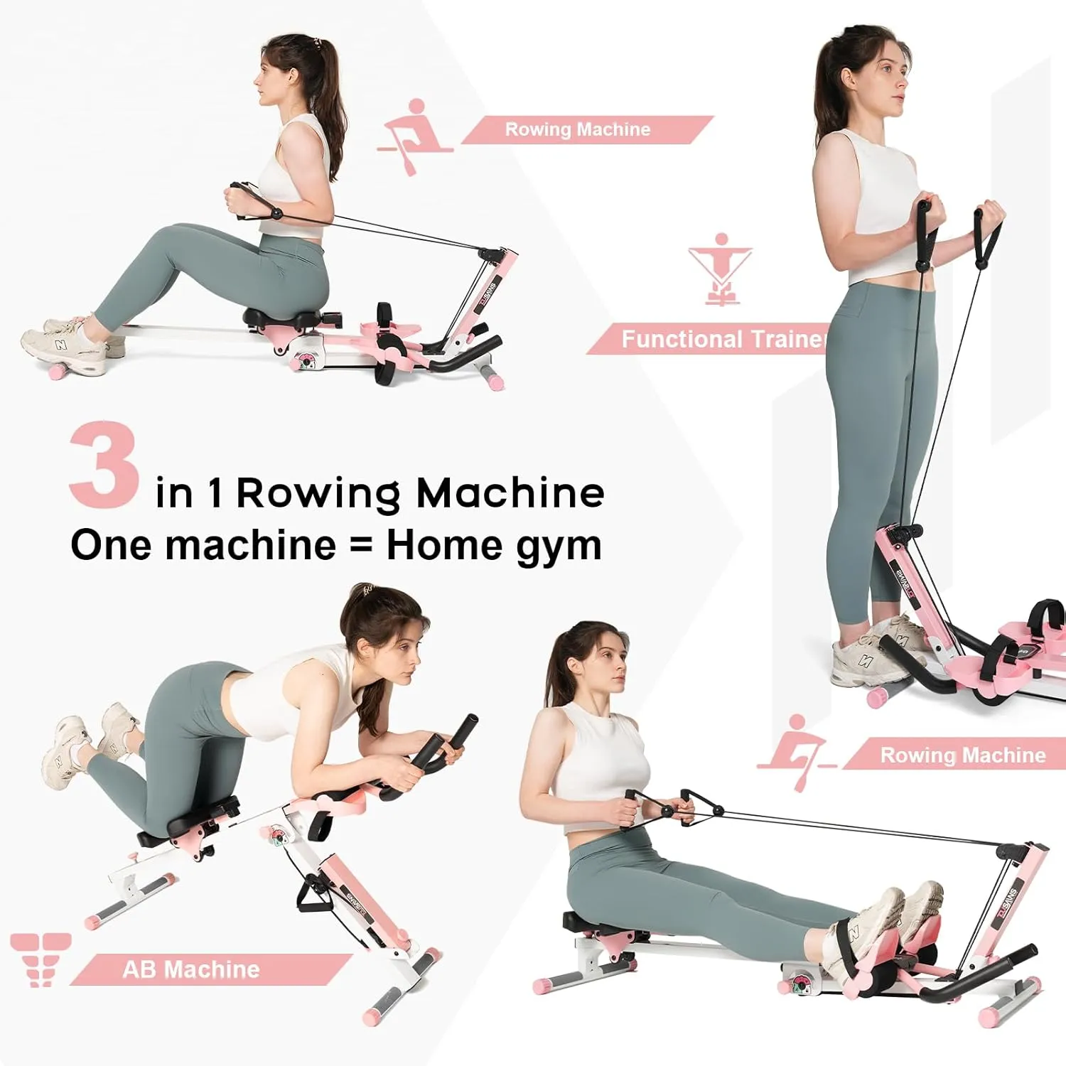 Tousains 3 in 1 Foldable Rowing Machine, AB Machine with 3 Level Angle & Led Monitor, Multi-Functional Rower Fitness Equipment Home Gym Full Body Fitness Machine