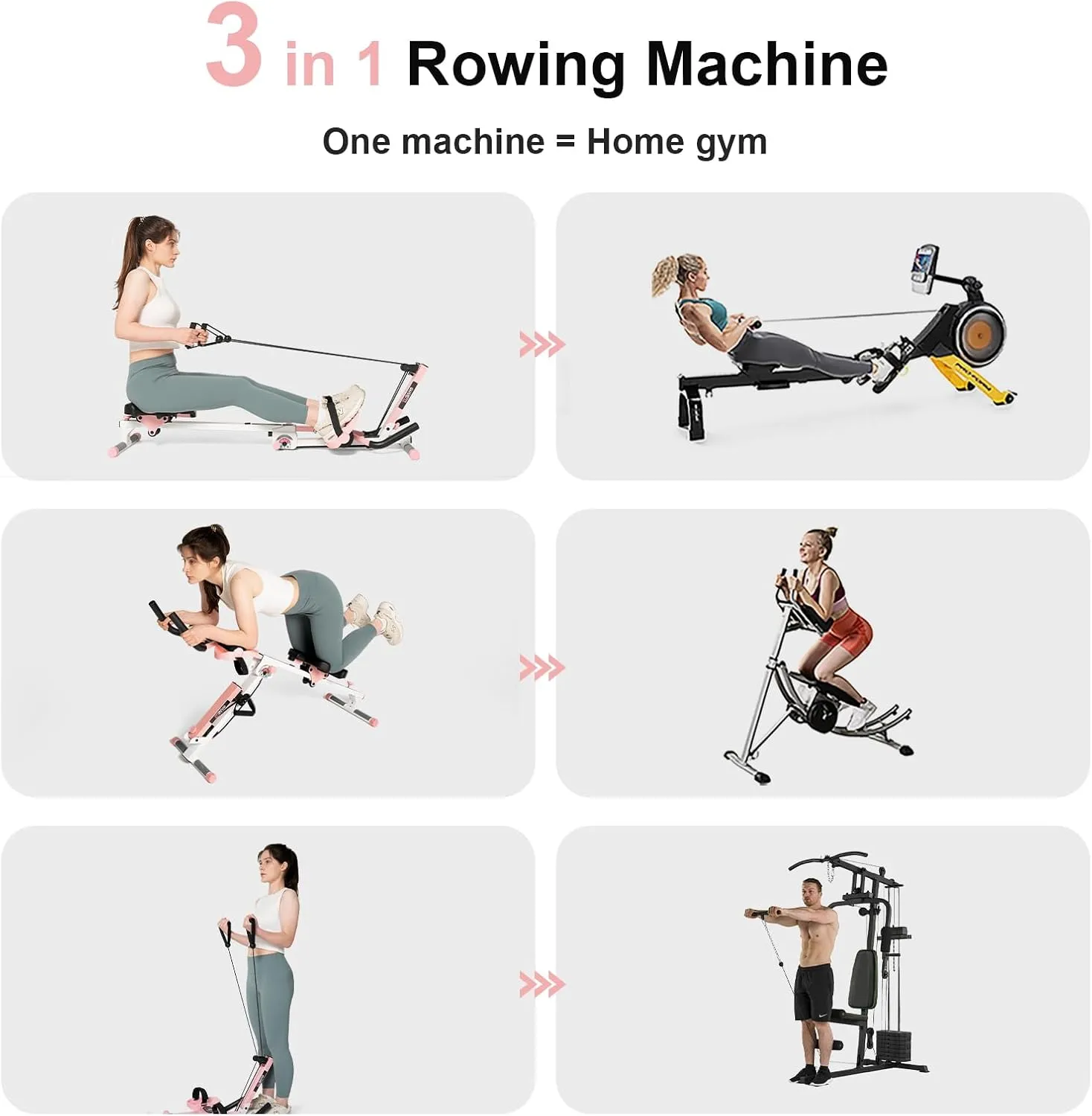 Tousains 3 in 1 Foldable Rowing Machine, AB Machine with 3 Level Angle & Led Monitor, Multi-Functional Rower Fitness Equipment Home Gym Full Body Fitness Machine