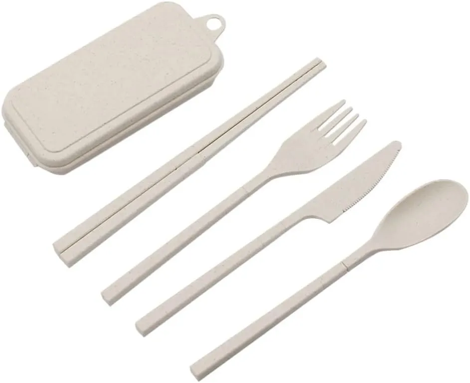 Travel Utensils with Case 3sets Foldable Wheat Straw Spoon Fork Knife Chopsticks Dinnerware For Outdoor Travel Picnic Tableware(Beige)