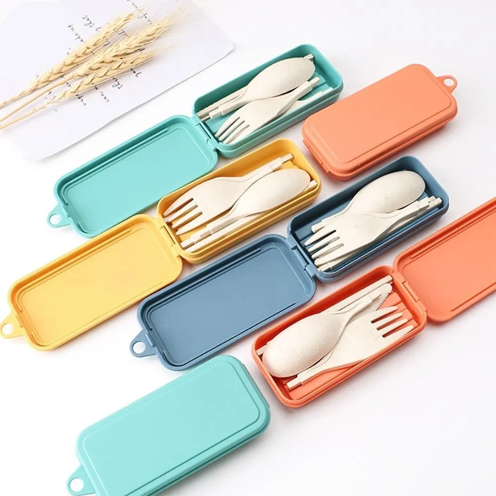 Travel Utensils with Case 3sets Foldable Wheat Straw Spoon Fork Knife Chopsticks Dinnerware For Outdoor Travel Picnic Tableware(Beige)