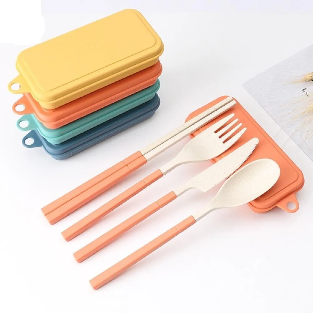 Travel Utensils with Case 3sets Foldable Wheat Straw Spoon Fork Knife Chopsticks Dinnerware For Outdoor Travel Picnic Tableware(Pink)
