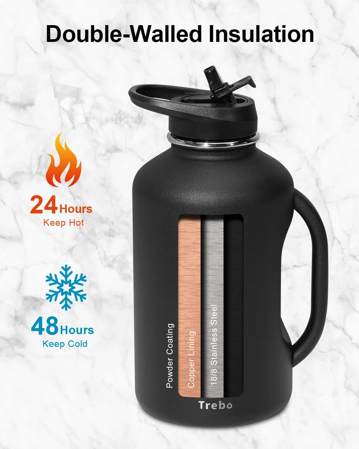 Trebo Half Gallon 64oz Water Bottle with Handle,Double Wall Vacuum Insulated Large Water Jug,Stainless Steel Water Bottle Flask,Gym Water Bottles For Men with Straw Spout Lids Strap,Black