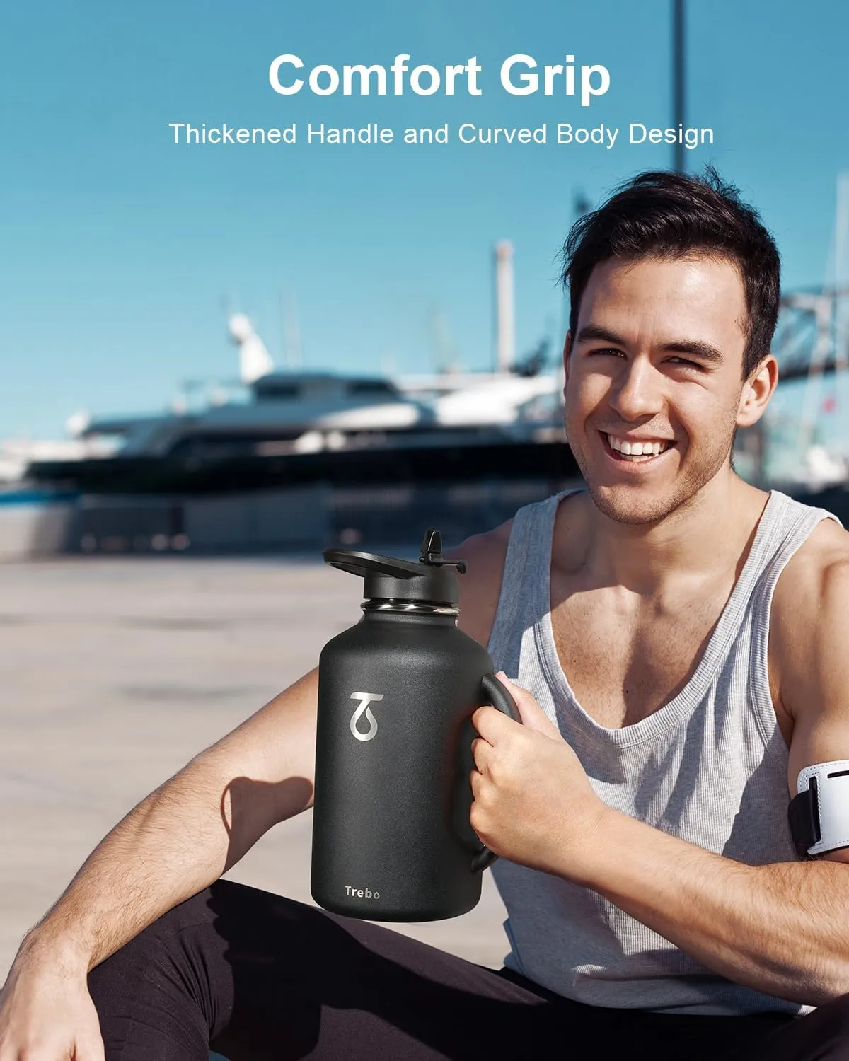 Trebo Half Gallon 64oz Water Bottle with Handle,Double Wall Vacuum Insulated Large Water Jug,Stainless Steel Water Bottle Flask,Gym Water Bottles For Men with Straw Spout Lids Strap,Black