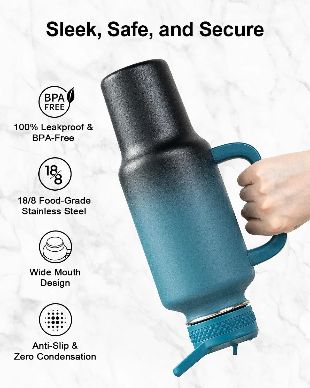 Trebo Insulated Water Bottle 40oz that Fits in Car Cup Holder with Spout Straw Lids, Stainless Steel Bottles Travel Flask with Handle, Metal Reusable Tumbler, Leakproof Keep Cold &Hot,Indigo/Black