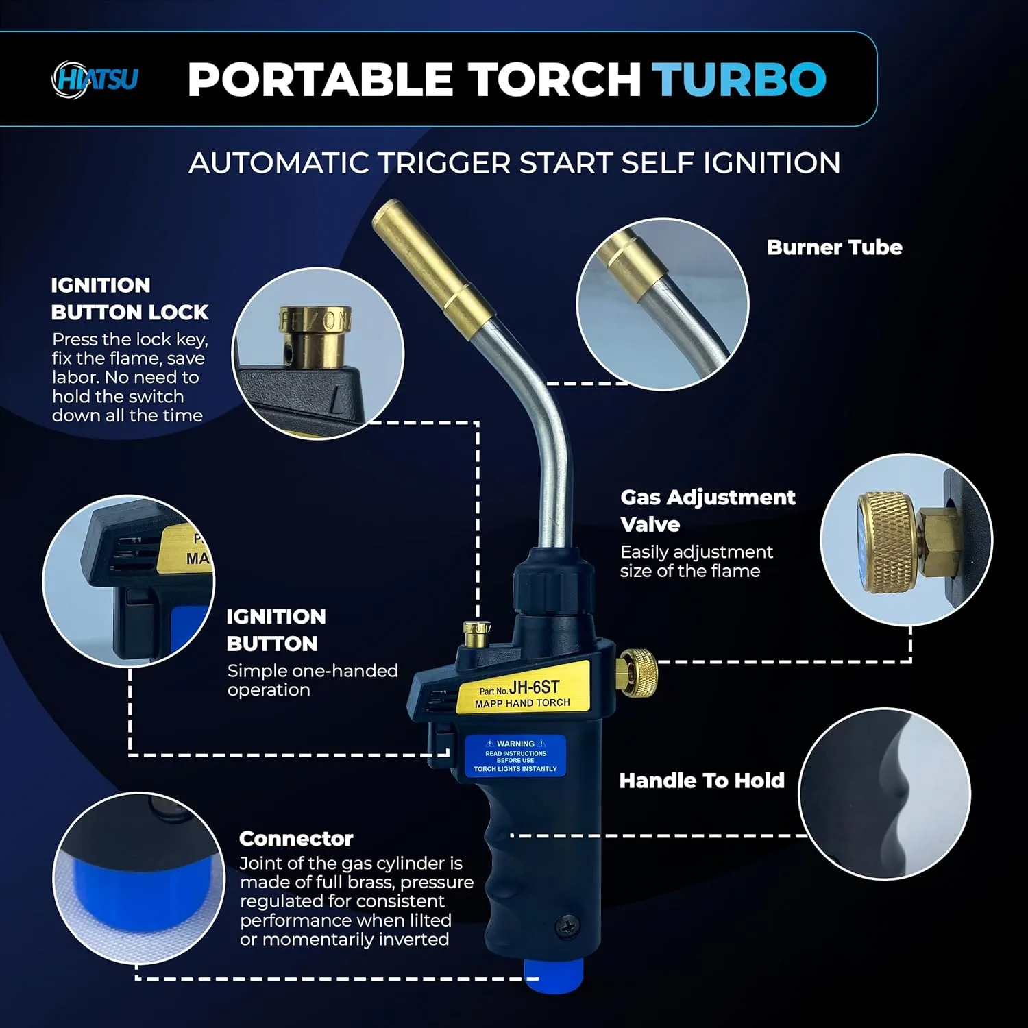 Trigger Start Propane Torch Head - Portable MAPP Gas Torch Head JH-6ST with Flame Control Knob & Continuous Use Lock - Durable Body, Stainless Steel Burner - High Heat Output for Copper Soldering