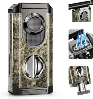 Triple Torch Lighter with Cutter, Built-in Holder, Ideal Gifts for Men, Refillable Butane Lighter with Multifunctional Accessories, Windproof Cool Lighter for Travel, Outdoors (Butane not Included)