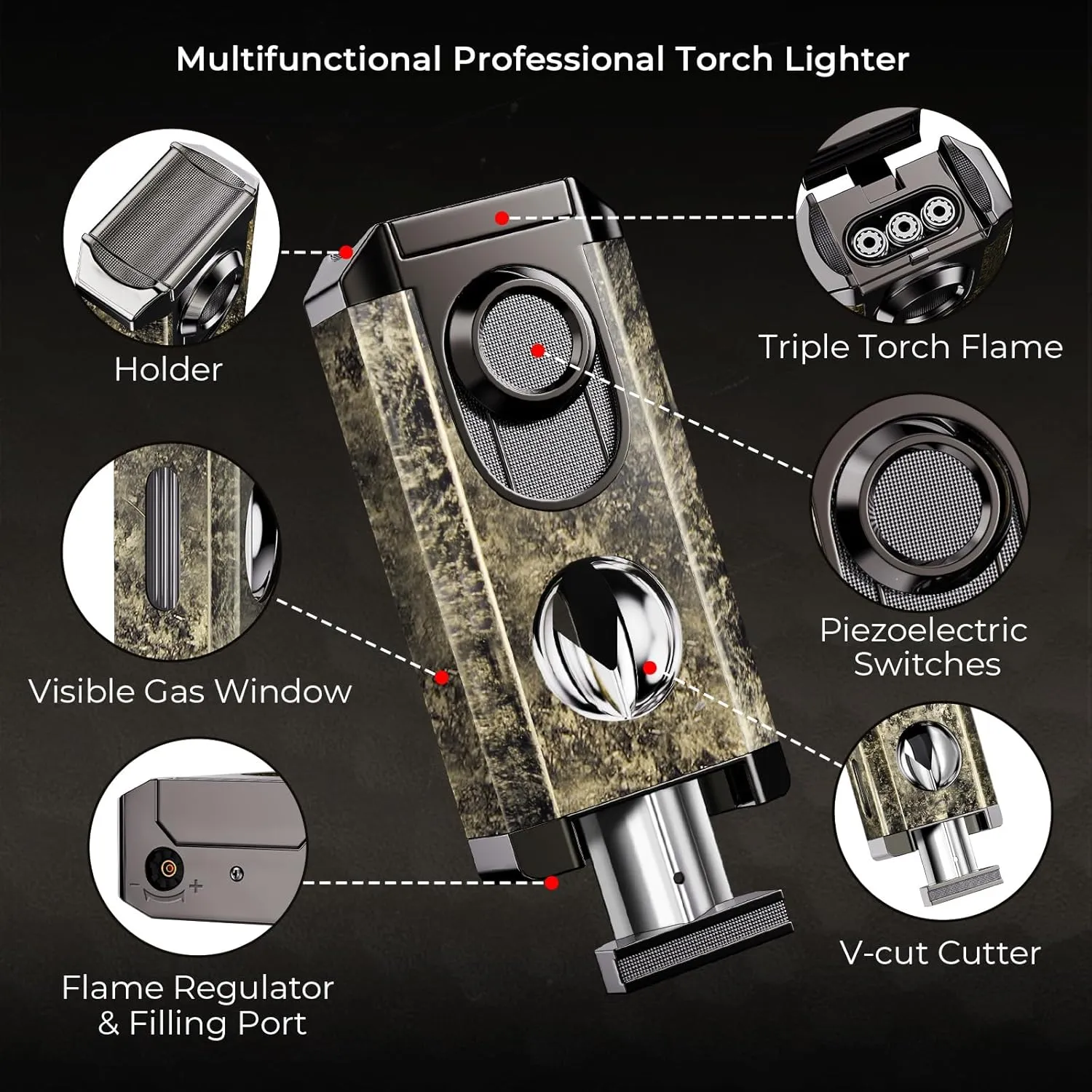 Triple Torch Lighter with Cutter, Built-in Holder, Ideal Gifts for Men, Refillable Butane Lighter with Multifunctional Accessories, Windproof Cool Lighter for Travel, Outdoors (Butane not Included)