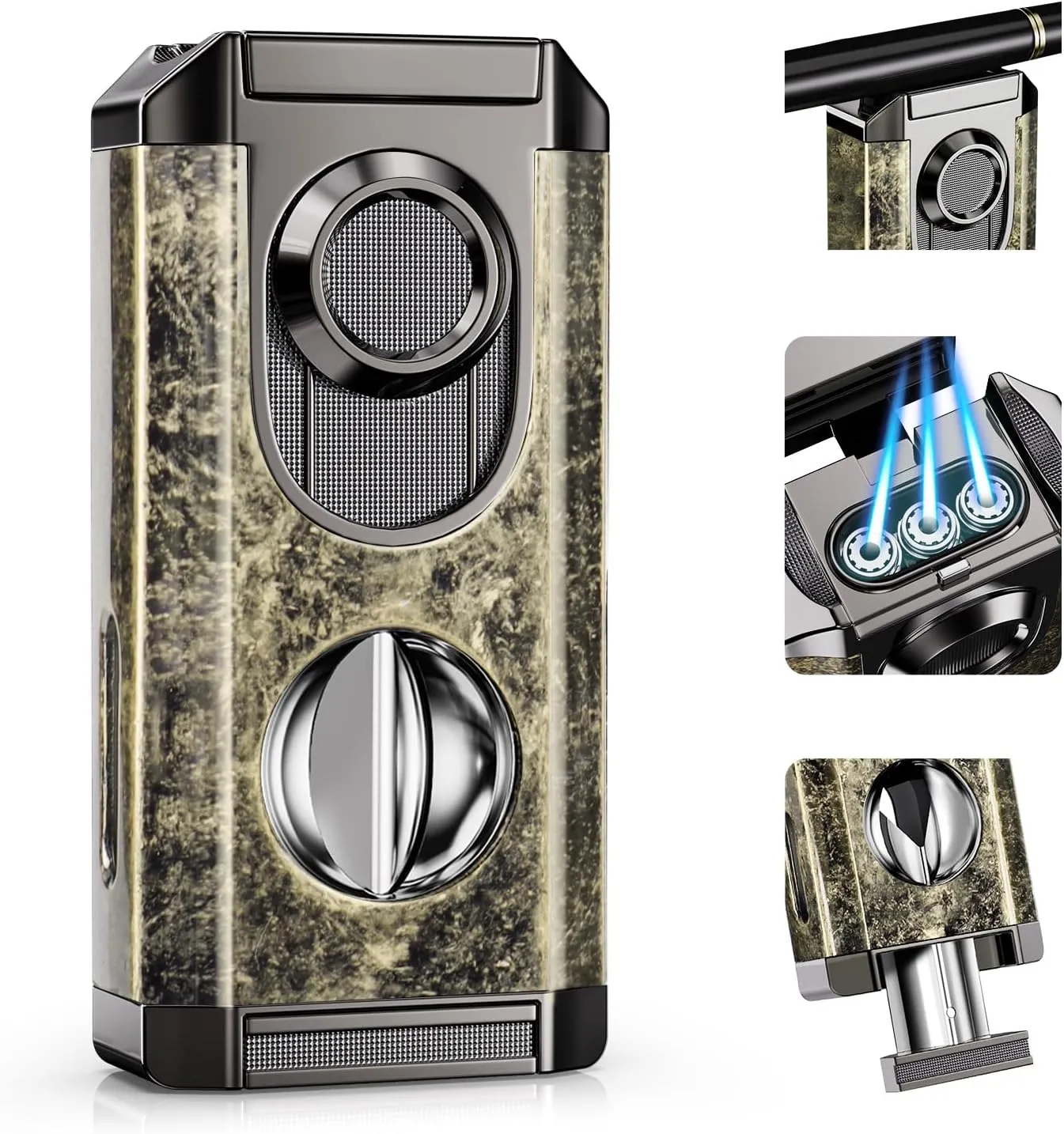 Triple Torch Lighter with Cutter, Built-in Holder, Ideal Gifts for Men, Refillable Butane Lighter with Multifunctional Accessories, Windproof Cool Lighter for Travel, Outdoors (Butane not Included)