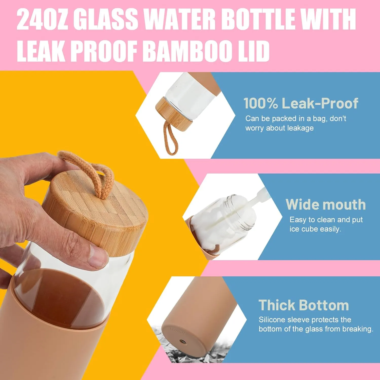 Tronco 24oz Borosilicate Glass Water Bottle with Bamboo Lid, Non-Slip Silicone Sleeve, Leak-Proof and Reusable Glass Bottle Perfect for gifts,Travel, Gym, and Everyday Use, BPA-Free, Dishwasher Safe
