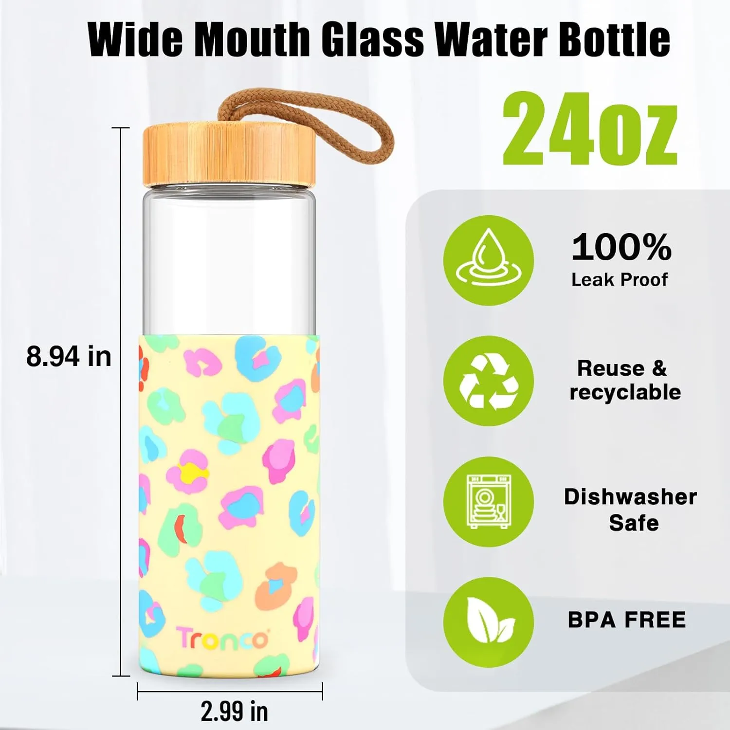 Tronco 24oz Borosilicate Glass Water Bottle with Bamboo Lid, Non-Slip Silicone Sleeve, Leak-Proof and Reusable Glass Bottle Perfect for gifts,Travel, Gym, and Everyday Use, BPA-Free, Dishwasher Safe