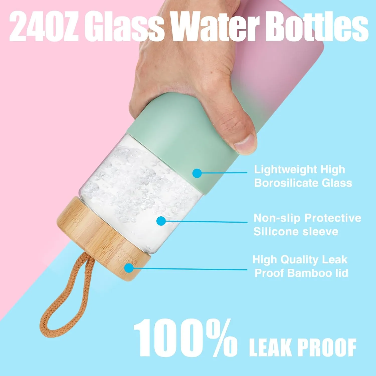 Tronco 24oz Borosilicate Glass Water Bottle with Bamboo Lid, Non-Slip Silicone Sleeve, Leak-Proof and Reusable Glass Bottle Perfect for gifts,Travel, Gym, and Everyday Use, BPA-Free, Dishwasher Safe