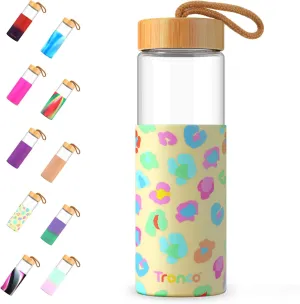 Tronco 24oz Borosilicate Glass Water Bottle with Bamboo Lid, Non-Slip Silicone Sleeve, Leak-Proof and Reusable Glass Bottle Perfect for gifts,Travel, Gym, and Everyday Use, BPA-Free, Dishwasher Safe