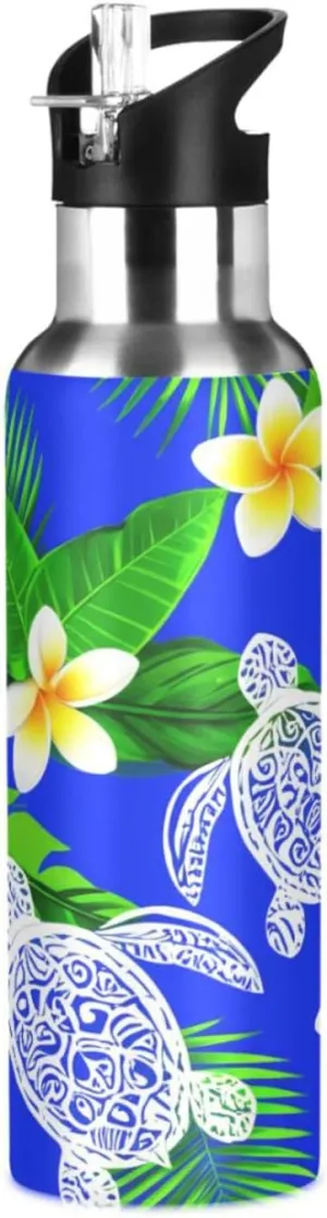Turtles and Flowers Sports Water Bottle with Straw, 22oz BPA Free Stainless Steel Vacuum Insulated Bottle for Gym Fitness Outdoor