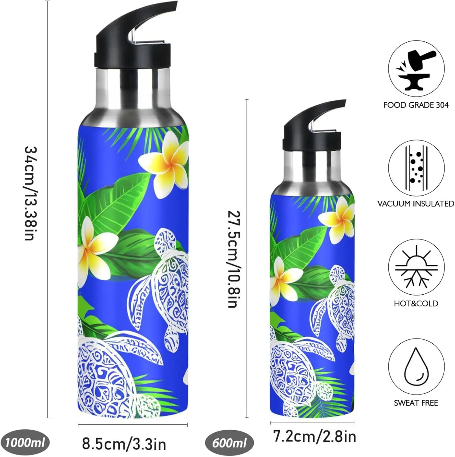 Turtles and Flowers Sports Water Bottle with Straw, 22oz BPA Free Stainless Steel Vacuum Insulated Bottle for Gym Fitness Outdoor
