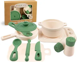 TYRY.HU Play Kitchen Accessories, 11Pcs Pretend Play Toys, BPA Free Silicone Play Kitchen Set, Pretend Play for Toddlers 2-3, Pretend Cooking Playset Cookware Utensils Gifts for Kids Girls Boys, Green