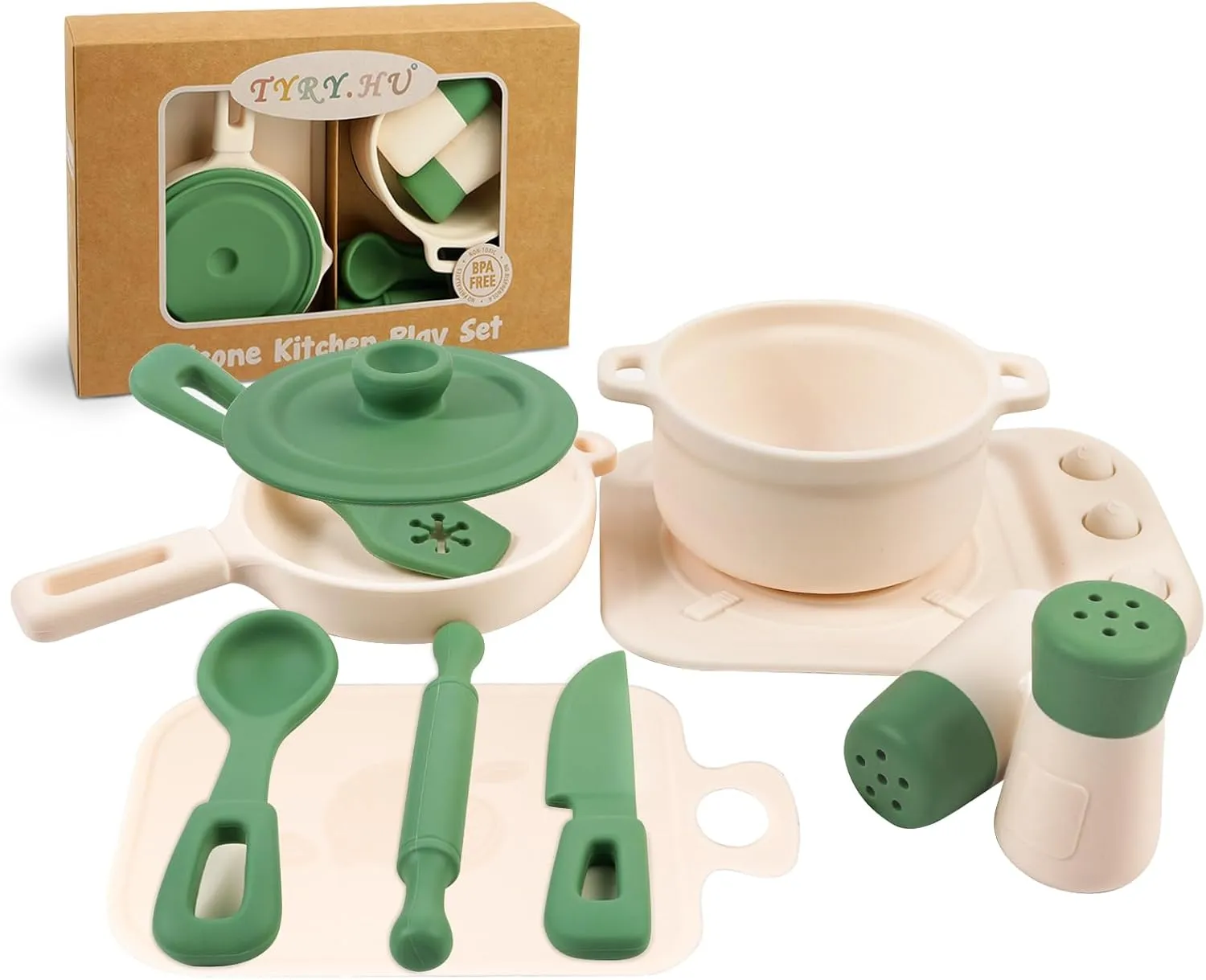 TYRY.HU Play Kitchen Accessories, 11Pcs Pretend Play Toys, BPA Free Silicone Play Kitchen Set, Pretend Play for Toddlers 2-3, Pretend Cooking Playset Cookware Utensils Gifts for Kids Girls Boys, Green