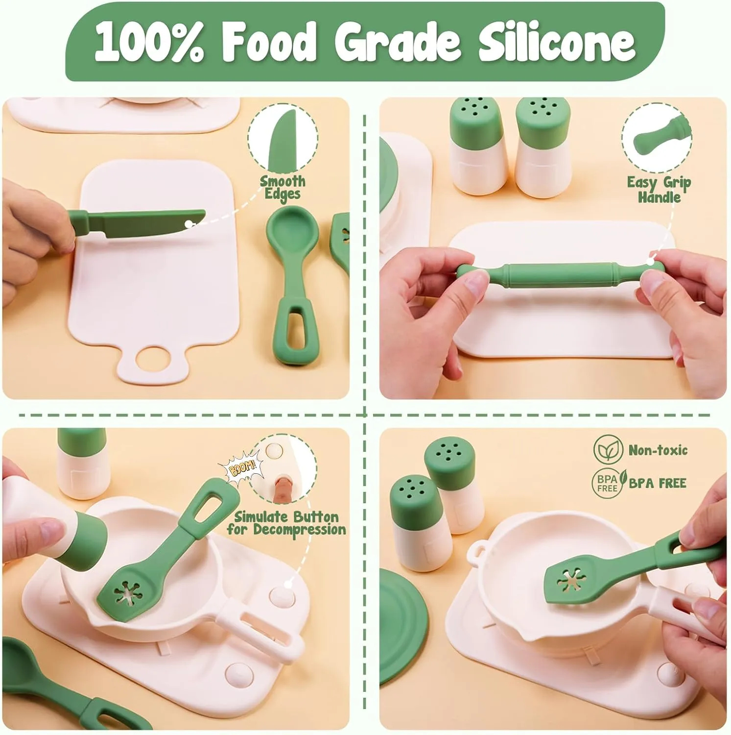 TYRY.HU Play Kitchen Accessories, 11Pcs Pretend Play Toys, BPA Free Silicone Play Kitchen Set, Pretend Play for Toddlers 2-3, Pretend Cooking Playset Cookware Utensils Gifts for Kids Girls Boys, Green