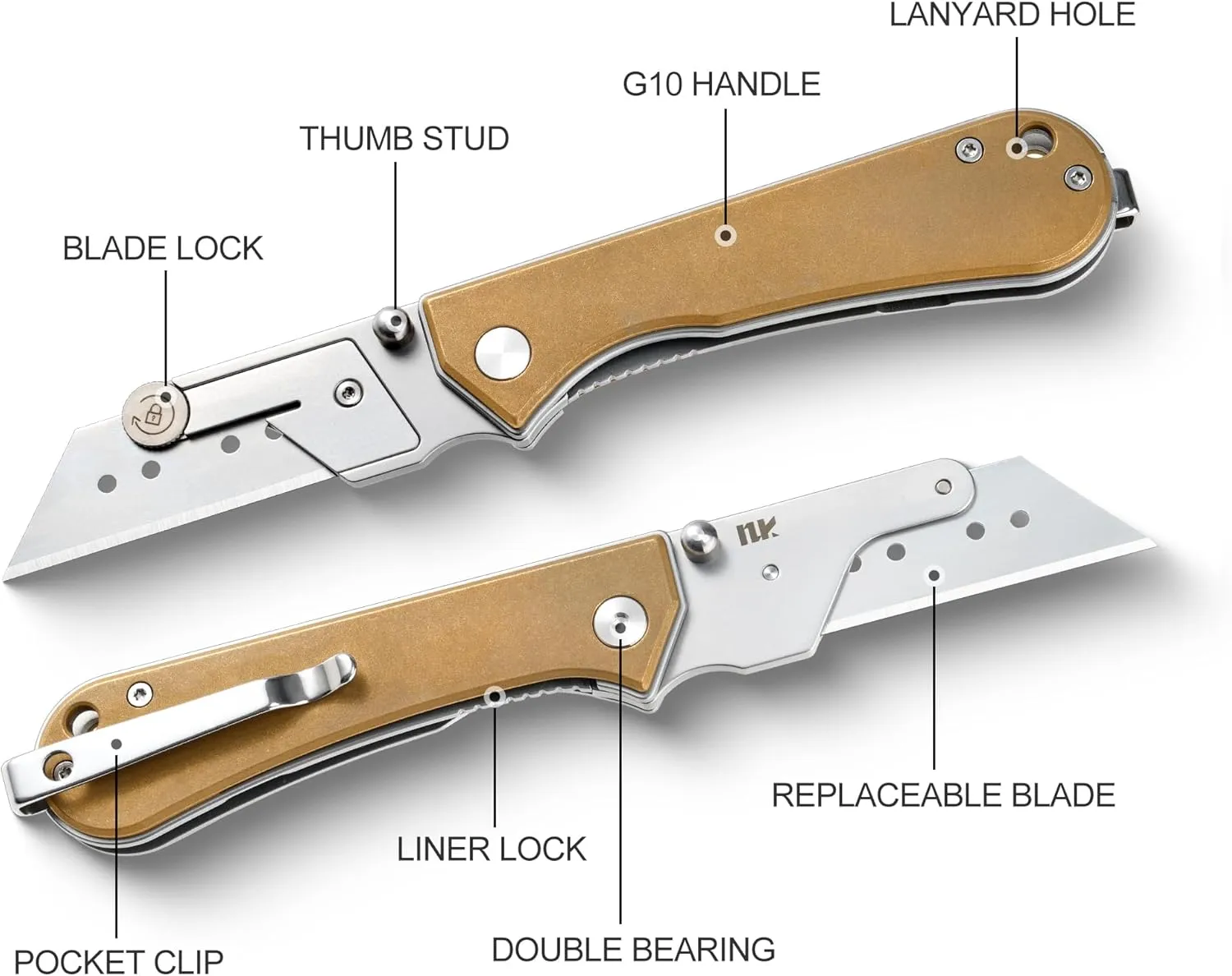 U23 Kumpanter Folding Utility Knife - Versatile EDC Knife with Quick-Release Blade, Compact Foldable Pocket Utility Knives - Brass