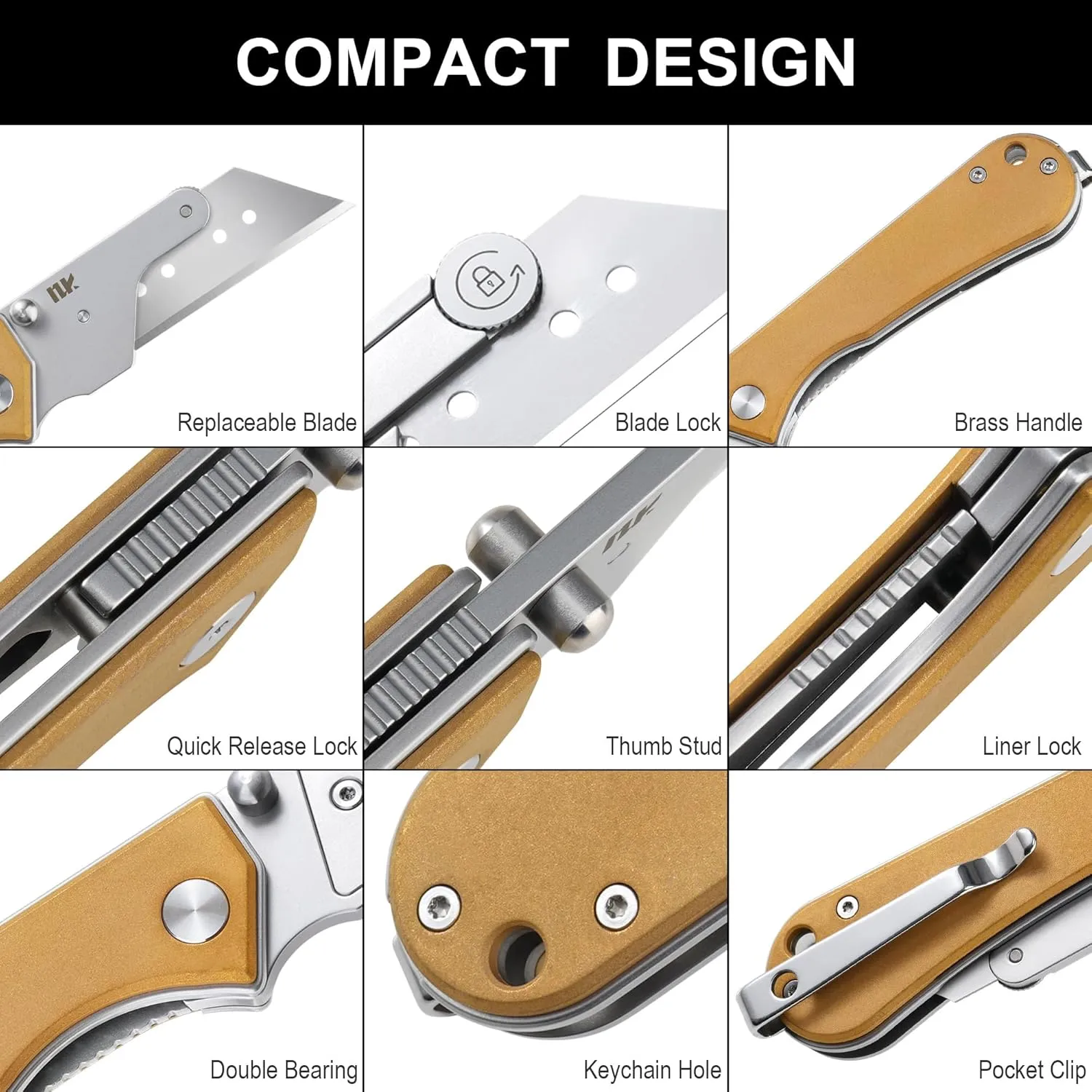 U23 Kumpanter Folding Utility Knife - Versatile EDC Knife with Quick-Release Blade, Compact Foldable Pocket Utility Knives - Brass