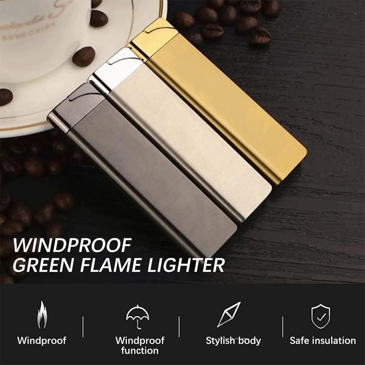 Ultra-Thin Refillable Butane Lighter Windproof Metal Refillable Adjustable Flame Size Lighter Men Accessory Gift (Gas Not Included)(C)