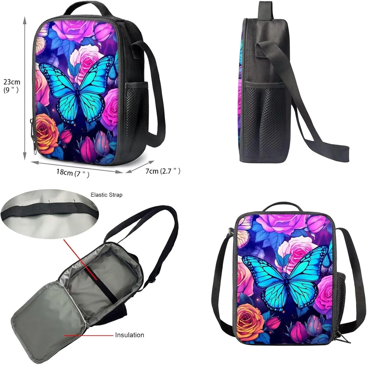 Upetstory 4 IN 1 Butterfly Backpack Kids Backpacks for Girls Lunch Bags 6-8 10-12 14-16 Girly Teen School Bag for Elementary Kindergarten Preschool Bookbag Back to School Gifts Pencil Case