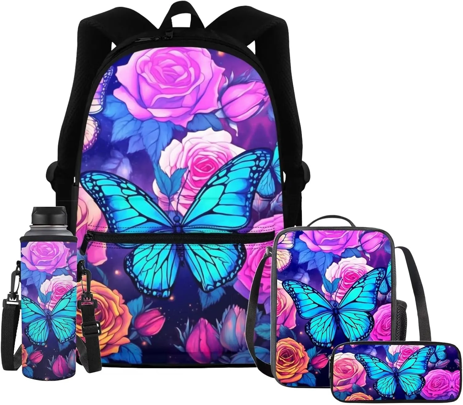 Upetstory 4 IN 1 Butterfly Backpack Kids Backpacks for Girls Lunch Bags 6-8 10-12 14-16 Girly Teen School Bag for Elementary Kindergarten Preschool Bookbag Back to School Gifts Pencil Case
