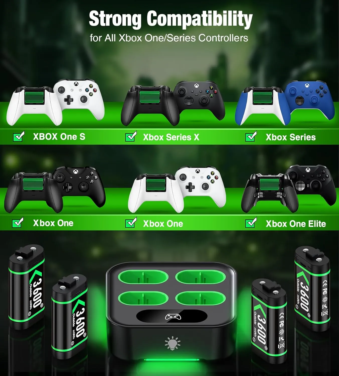Upgraded Fast Charging Rechargeable Battery Packs with Light Control, 4 x 3600mWh Xbox Controller Batteries with Charger Dock/Station for Xbox Series X|S, One S/X/Elite Controllers, Console Accessory