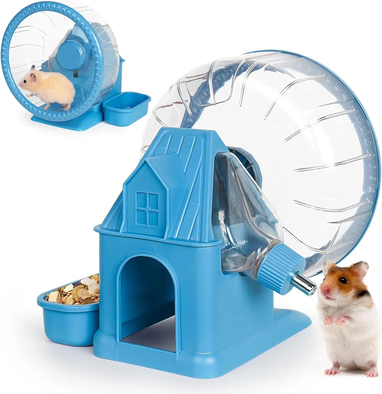 Vannon 4 in 1 Quiet Hamster Exercise Wheel, Multi Functional Hamster House with Running Wheel, Water Bottle, Food Bowl and Hideout, Small Animals Exercise Running Toys for Hamsters Gerbils Mice, Blue