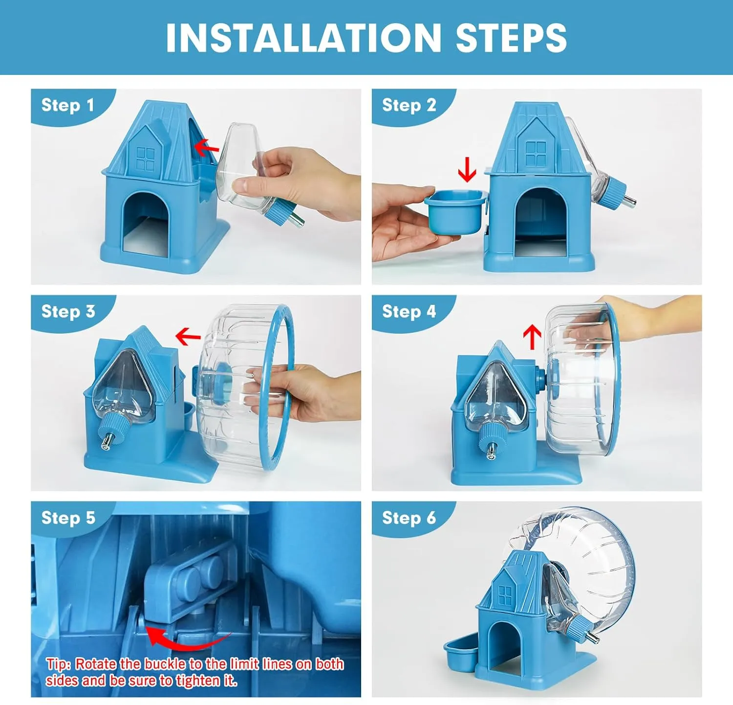 Vannon 4 in 1 Quiet Hamster Exercise Wheel, Multi Functional Hamster House with Running Wheel, Water Bottle, Food Bowl and Hideout, Small Animals Exercise Running Toys for Hamsters Gerbils Mice, Blue