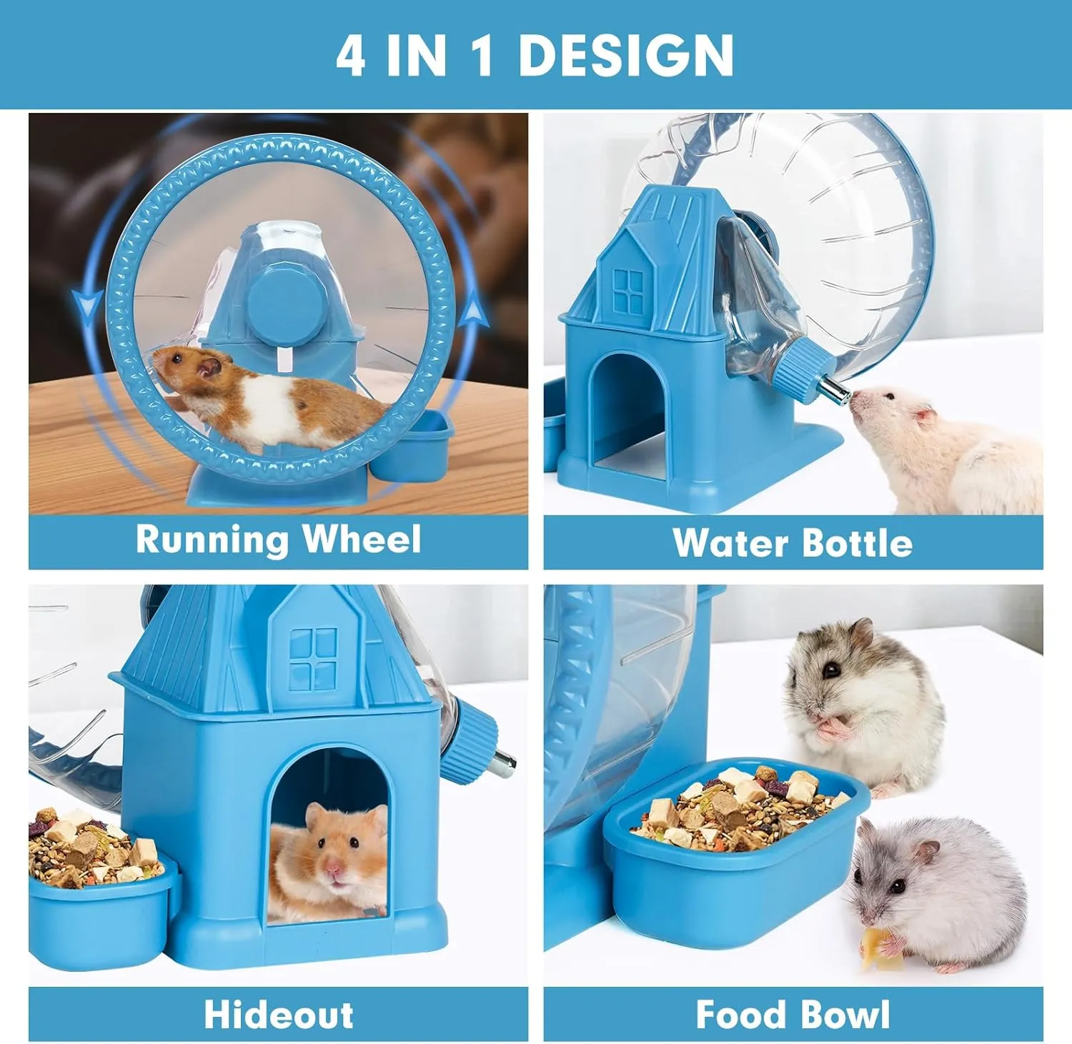Vannon 4 in 1 Quiet Hamster Exercise Wheel, Multi Functional Hamster House with Running Wheel, Water Bottle, Food Bowl and Hideout, Small Animals Exercise Running Toys for Hamsters Gerbils Mice, Blue