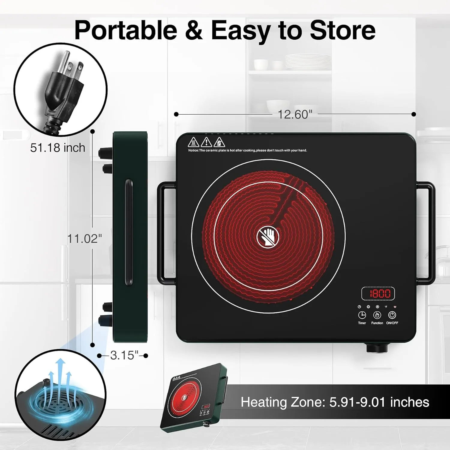 VBGK Electric Cooktop, 1800W Single Burner Induction Cooktop with 9 Power Levels, Timer and Knob Control, 110-120V