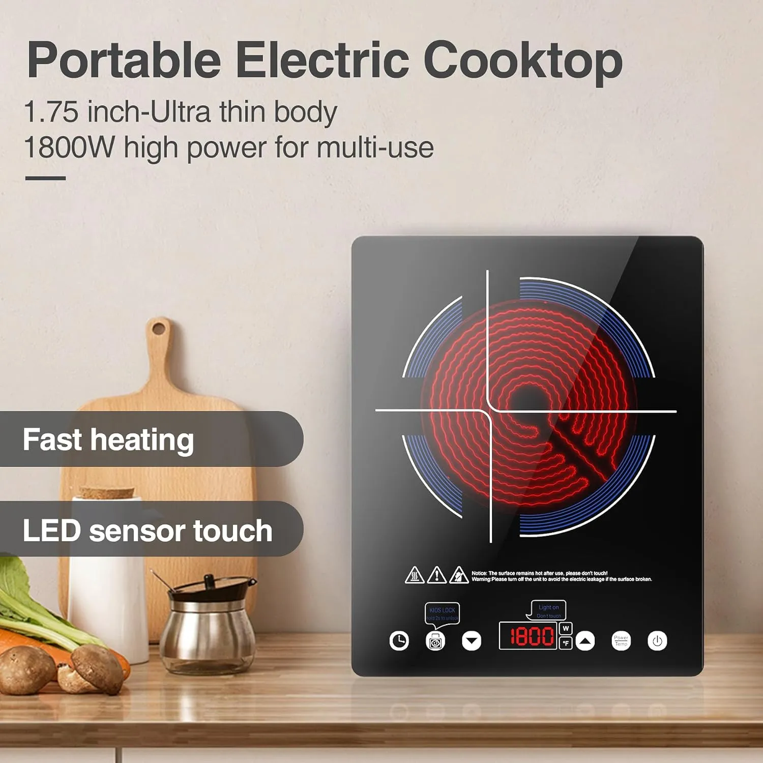 VBGK Electric Cooktop,110V Electric Stove Top,Single Burner LED Touch Control,9 Power Levels, Kids Lock &Timer,Overheat Protection,1800W Portable Induction Cooktop.