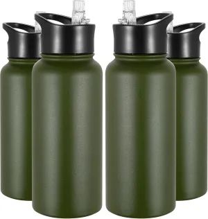 VEGOND 32 oz Insulated Water Bottle Bulk Stainless Steel Metal Water Bottles with Leak Proof Straw Lid & Spout Lid, Wide Mouth Double Walled Vacuum Travel Sports Bottle, 4 Pack