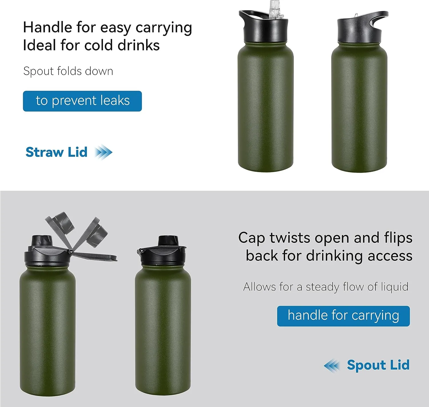 VEGOND 32 oz Insulated Water Bottle Bulk Stainless Steel Metal Water Bottles with Leak Proof Straw Lid & Spout Lid, Wide Mouth Double Walled Vacuum Travel Sports Bottle, 4 Pack