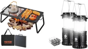 VEVOR 22.4" Folding Campfire Grill & Etekcity 2 Pack LED Lanterns for Camping, Outdoor Cooking Equipment Bundle