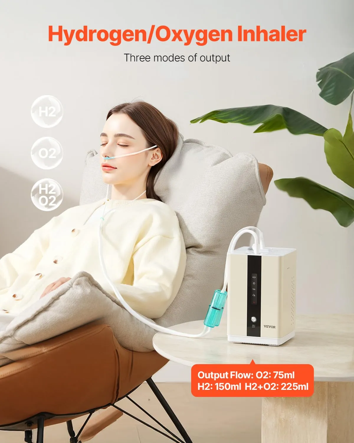 VEVOR Hydrogen Inhalation Machine, 99.99% High Purity Hydrogen Inhaler, HO-Separated 225ml/min (150 H 75 O) Dual Port Hydrogen Oxygen Inhaler, Hydrogen-Rich Water Generator for Home Travel