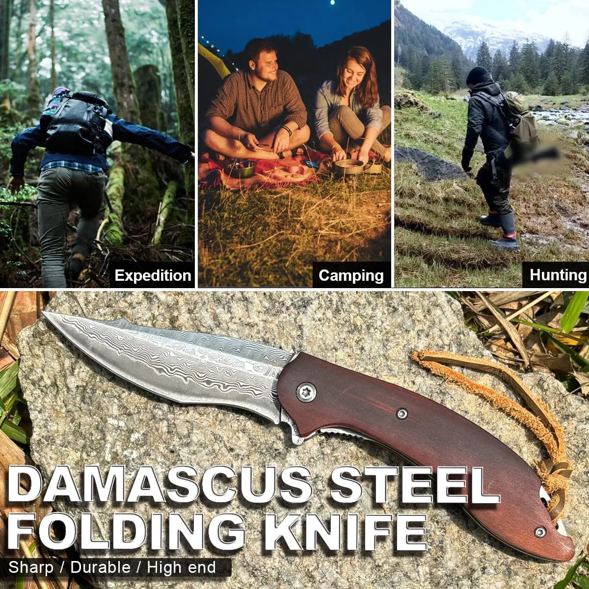 VG10 Damascus Steel Damascus Knife Folding Knife Damascus Pocket Knife with Clip,Wooden Handle, Leather Sheath - Foldable EDC Knife for Outdoor Survival Collection (03231)