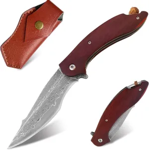 VG10 Damascus Steel Damascus Knife Folding Knife Damascus Pocket Knife with Clip,Wooden Handle, Leather Sheath - Foldable EDC Knife for Outdoor Survival Collection (03231)