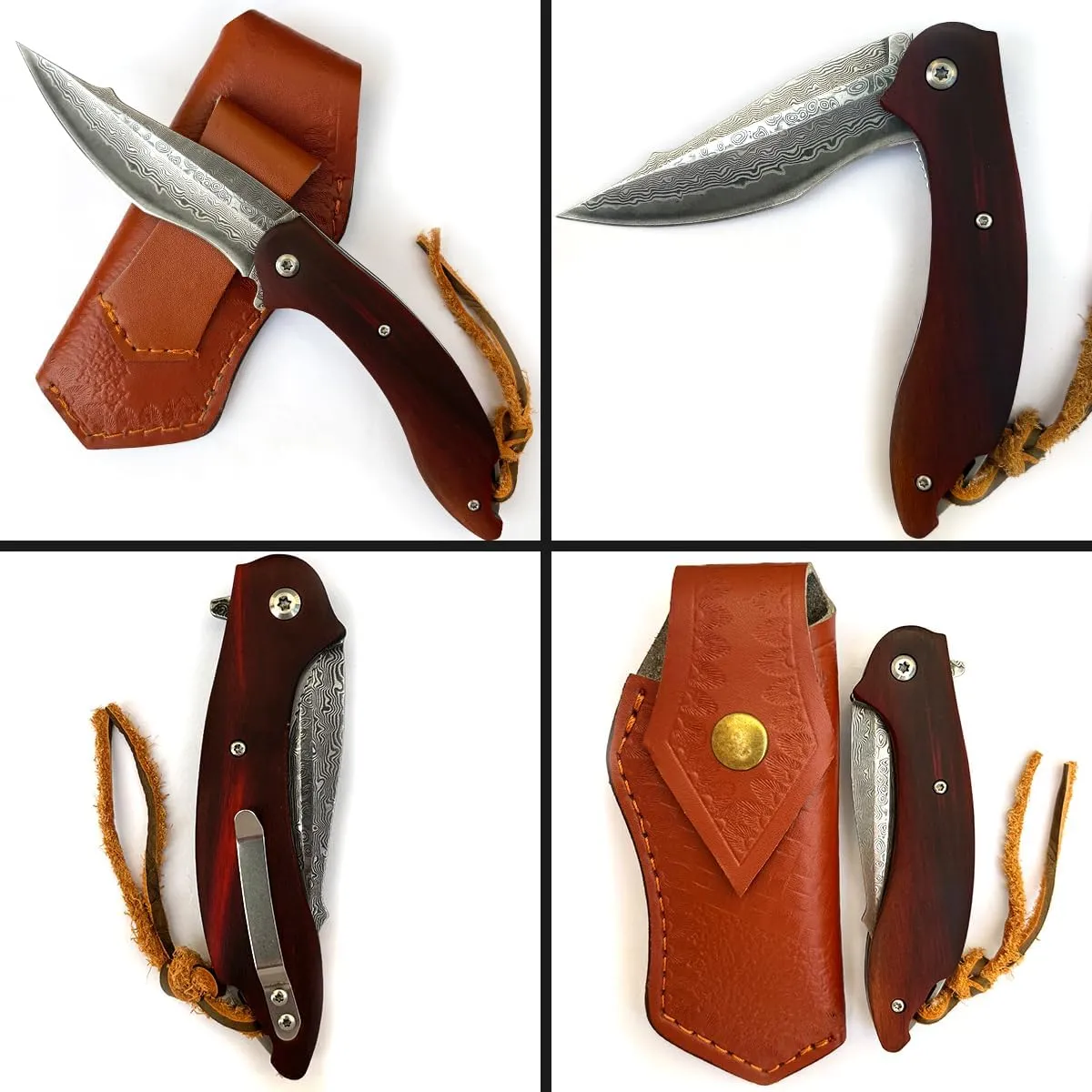 VG10 Damascus Steel Damascus Knife Folding Knife Damascus Pocket Knife with Clip,Wooden Handle, Leather Sheath - Foldable EDC Knife for Outdoor Survival Collection (03231)