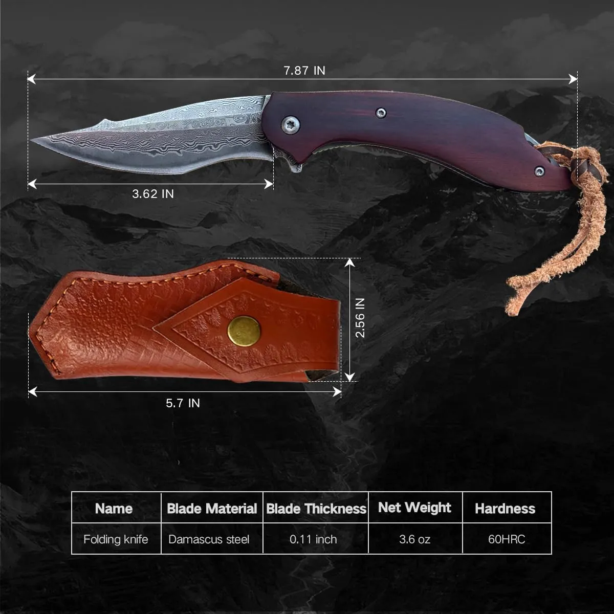 VG10 Damascus Steel Damascus Knife Folding Knife Damascus Pocket Knife with Clip,Wooden Handle, Leather Sheath - Foldable EDC Knife for Outdoor Survival Collection (03231)