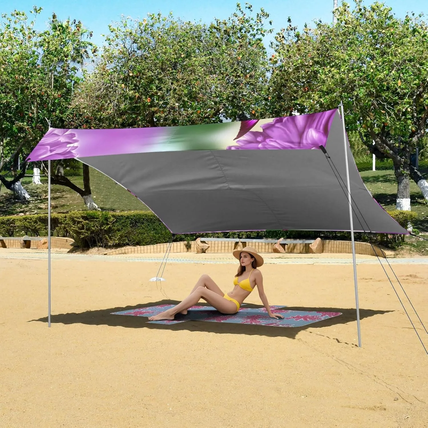 Vibrant Purple Butterflies Floral Beach Tent Canopy Outdoor Sun Shade Patio Outside Sand Camping Sun Shelter Sunshade with Anchor Poles Easy up 9.2 × 10.5 FT