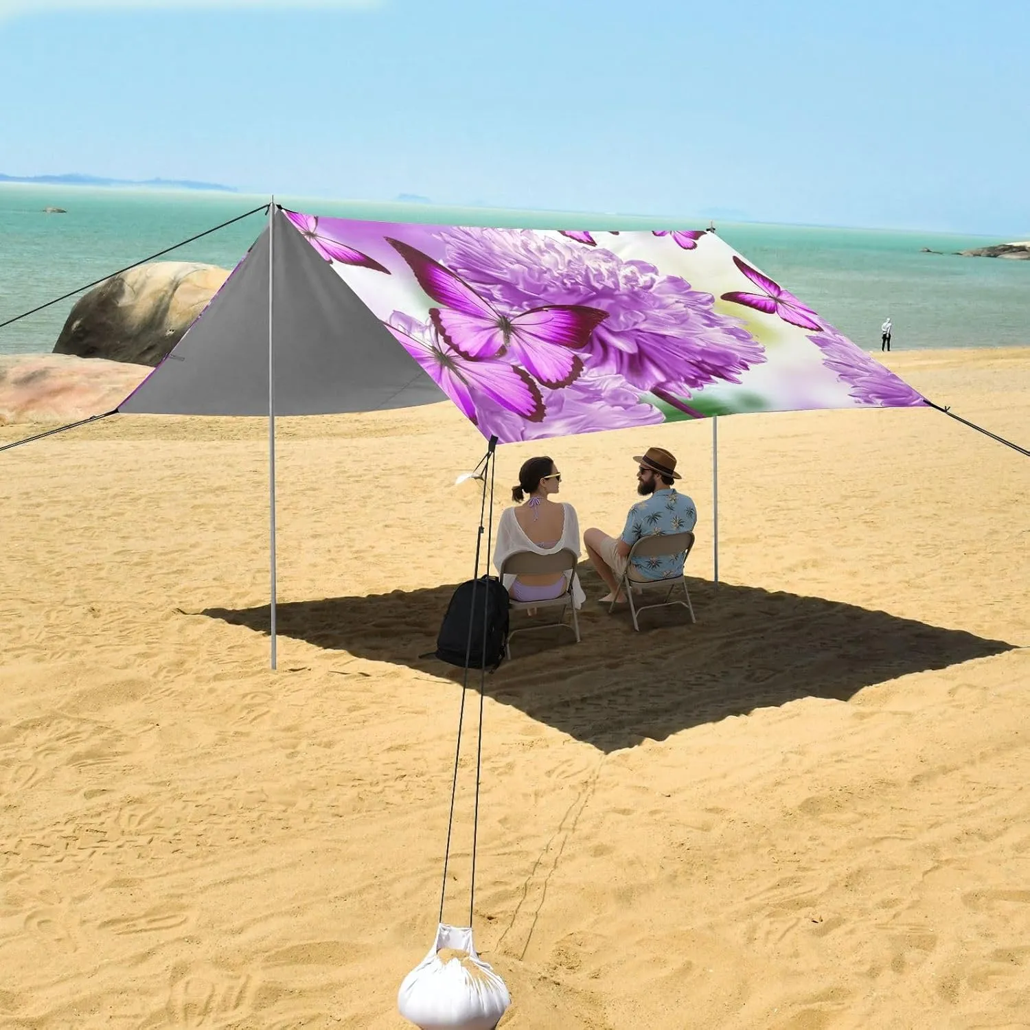 Vibrant Purple Butterflies Floral Beach Tent Canopy Outdoor Sun Shade Patio Outside Sand Camping Sun Shelter Sunshade with Anchor Poles Easy up 9.2 × 10.5 FT
