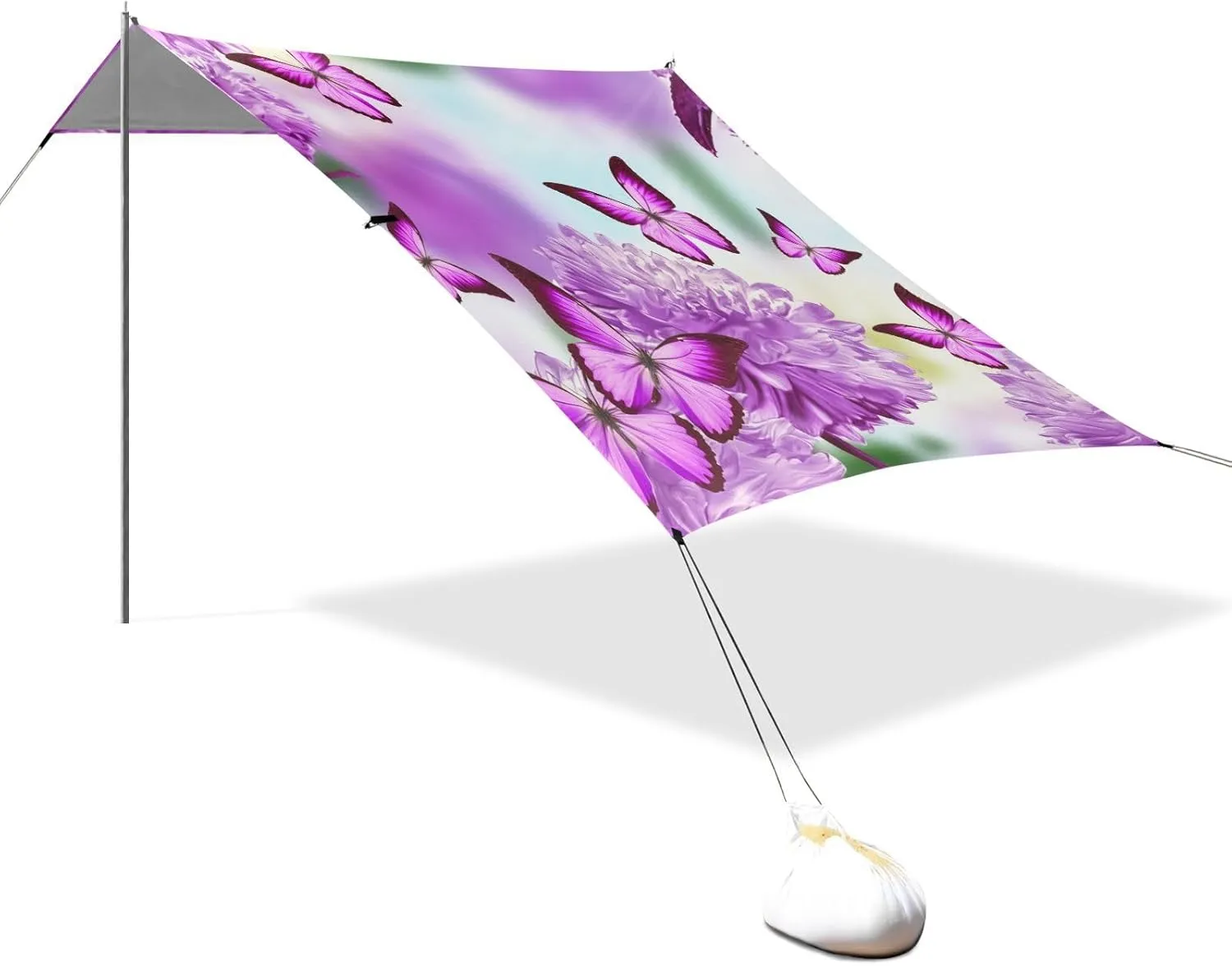 Vibrant Purple Butterflies Floral Beach Tent Canopy Outdoor Sun Shade Patio Outside Sand Camping Sun Shelter Sunshade with Anchor Poles Easy up 9.2 × 10.5 FT