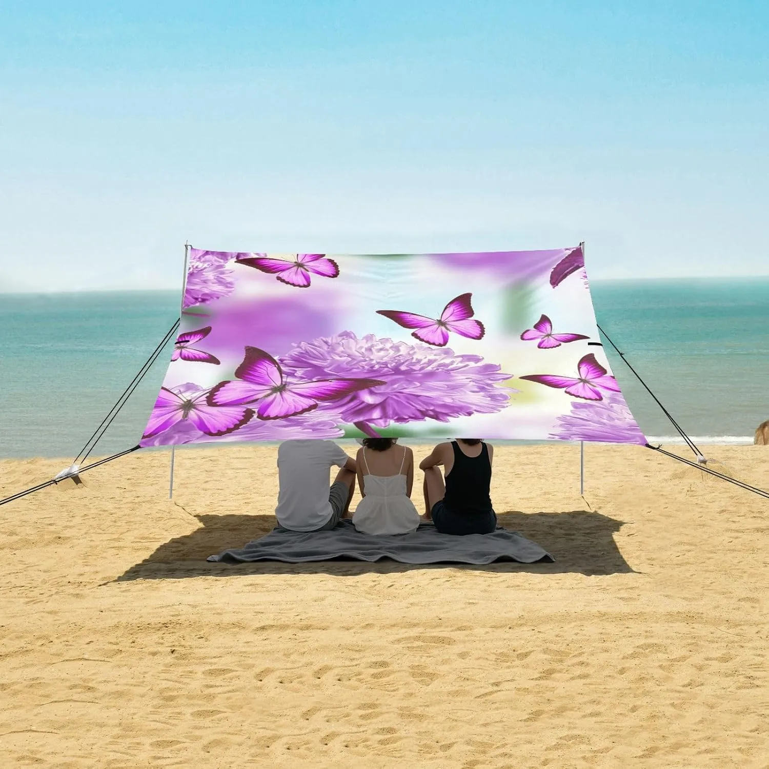 Vibrant Purple Butterflies Floral Beach Tent Canopy Outdoor Sun Shade Patio Outside Sand Camping Sun Shelter Sunshade with Anchor Poles Easy up 9.2 × 10.5 FT