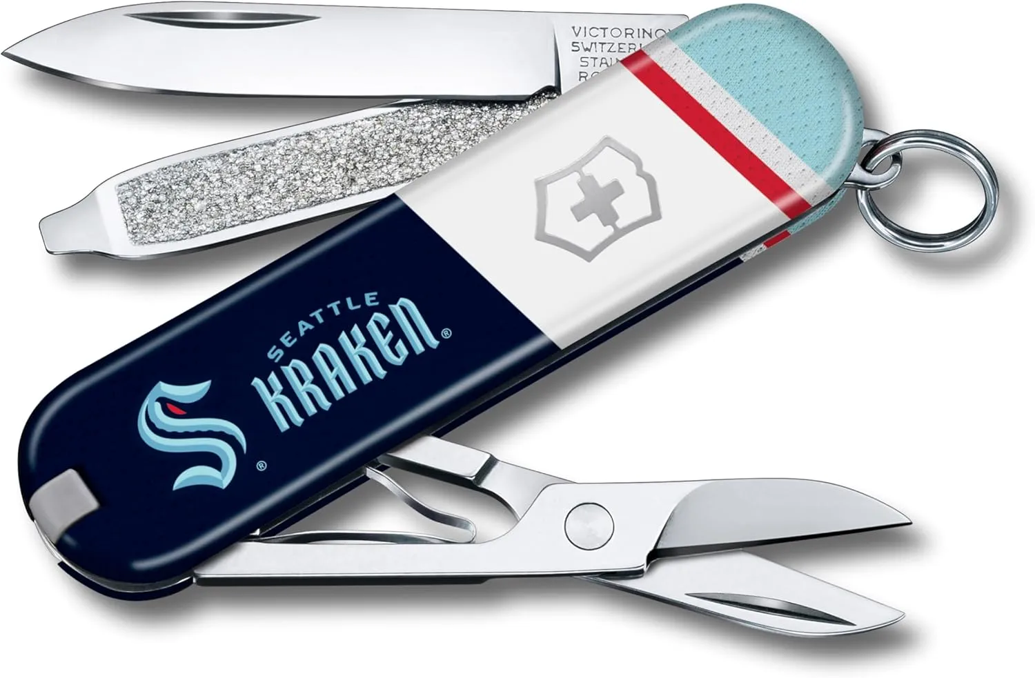 Victorinox Classic SD Swiss Army Knife – Compact 7 Function Swiss Made Pocket Knife with Small Blade, Screwdriver and Key Ring – Seattle Kraken