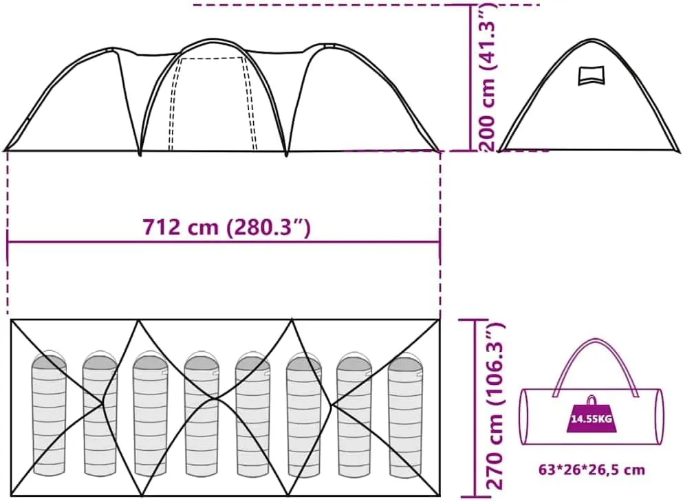 vidaXL Family Tent Dome 8-Person Grey/Orange Waterproof Camping Shelter with 2 Bedrooms and E-Port